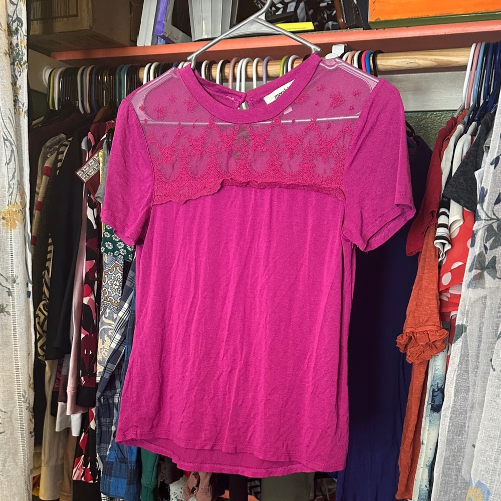 meraki Lace Yoke Short Sleeve Tee - Fuchsia